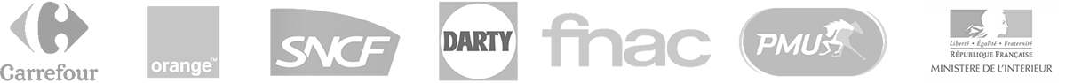 Quelques clients : Carrefour, Orange, Sncf, Darty, Fnac, PMU, Ministère de l'intérieur