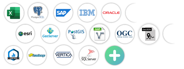 Connect to multiple datasources using Galigeo Location Analytics Platform: Excel, SAP, IBM, Esri, GeoServer, PostGIS, Shapefile, GeoJSON, Hadoop, ...